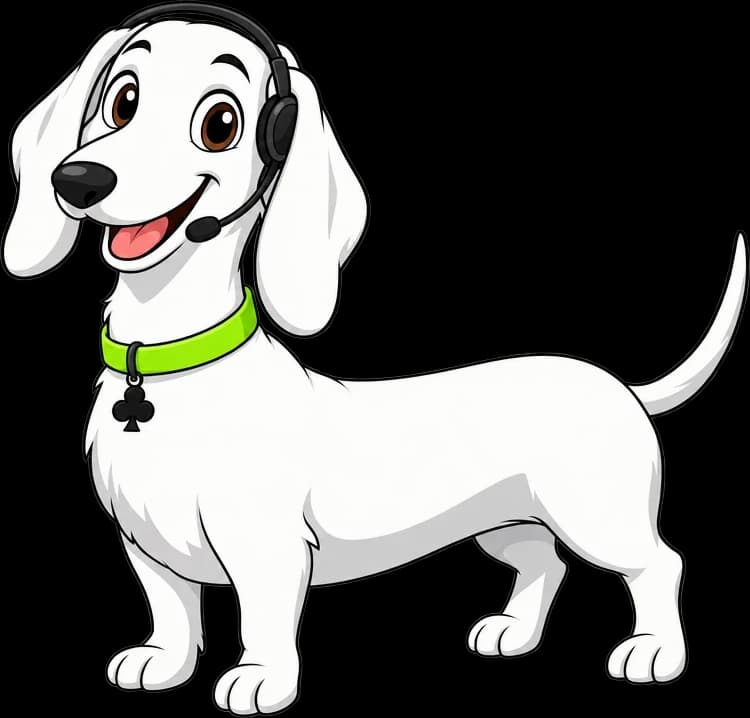 Byte, the Hot Diggity Digital dog, wearing a call headset