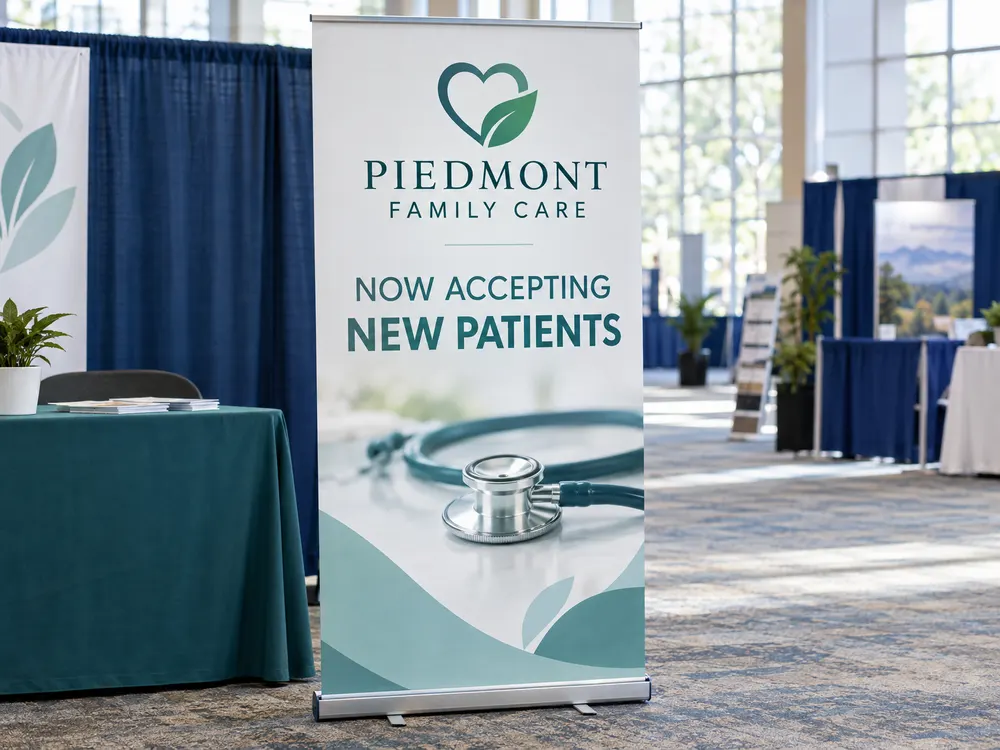 A medical clinic roll-up banner stand at a trade show booth