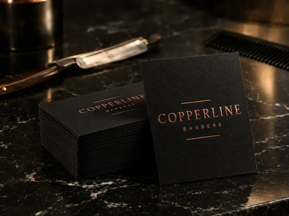 Matte black barbershop business cards with copper foil lettering
