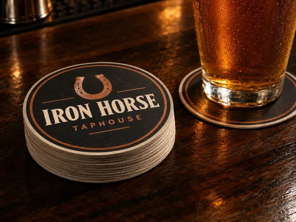 A stack of round black and copper taphouse coasters with a beer on a bar