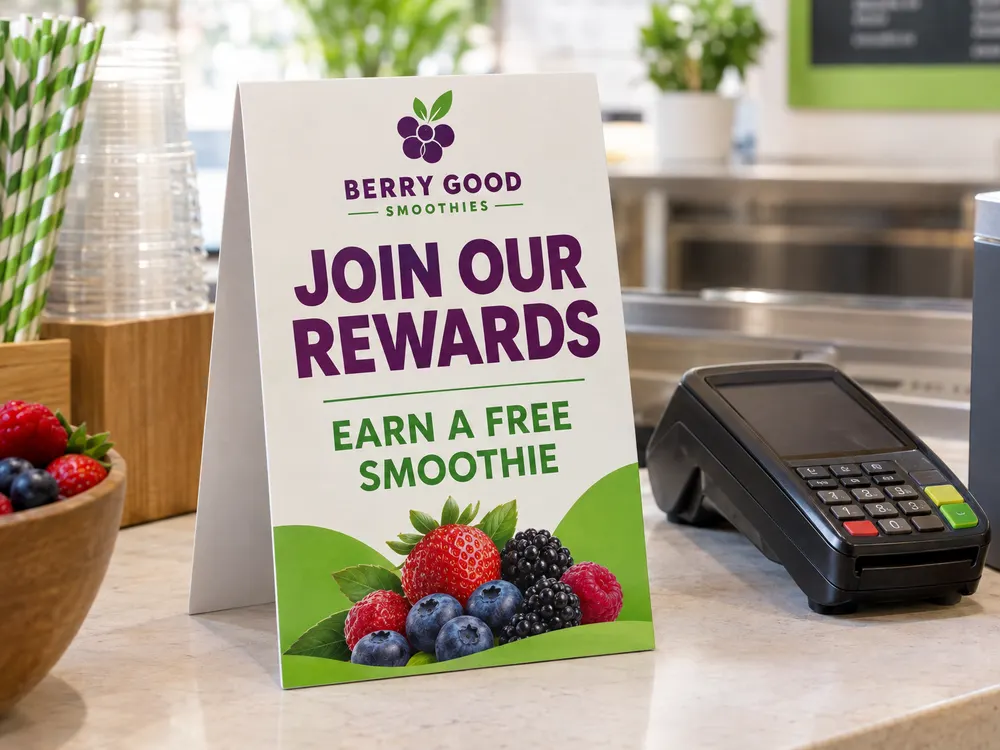 A Join Our Rewards smoothie bar card standing next to the card reader