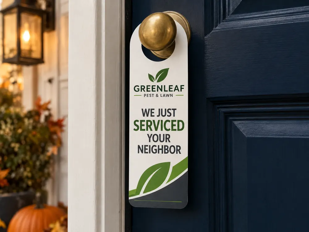 A green lawn and pest door hanger on the knob of a navy front door