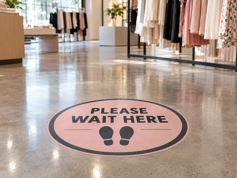 A round pink Please Wait Here floor sticker in a clothing boutique