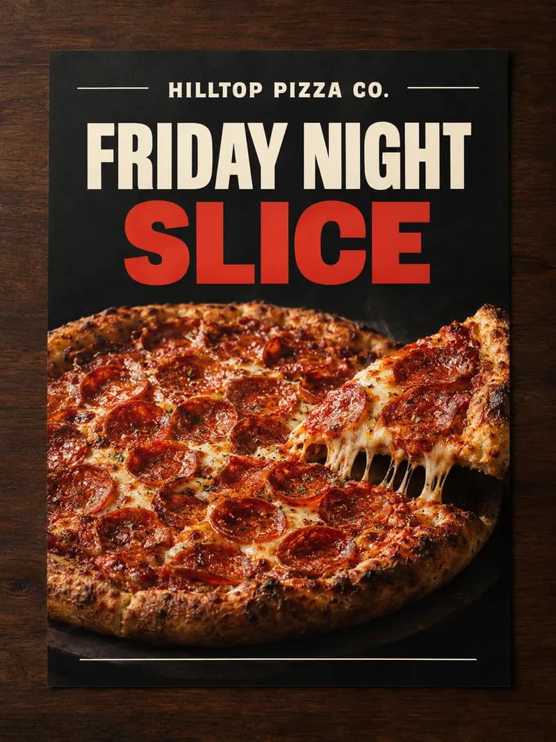The same pizza flyer redesigned with a bold photo and clean type