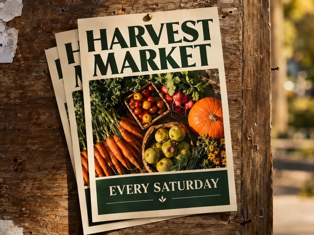 Farmers market flyers pinned to a wooden board