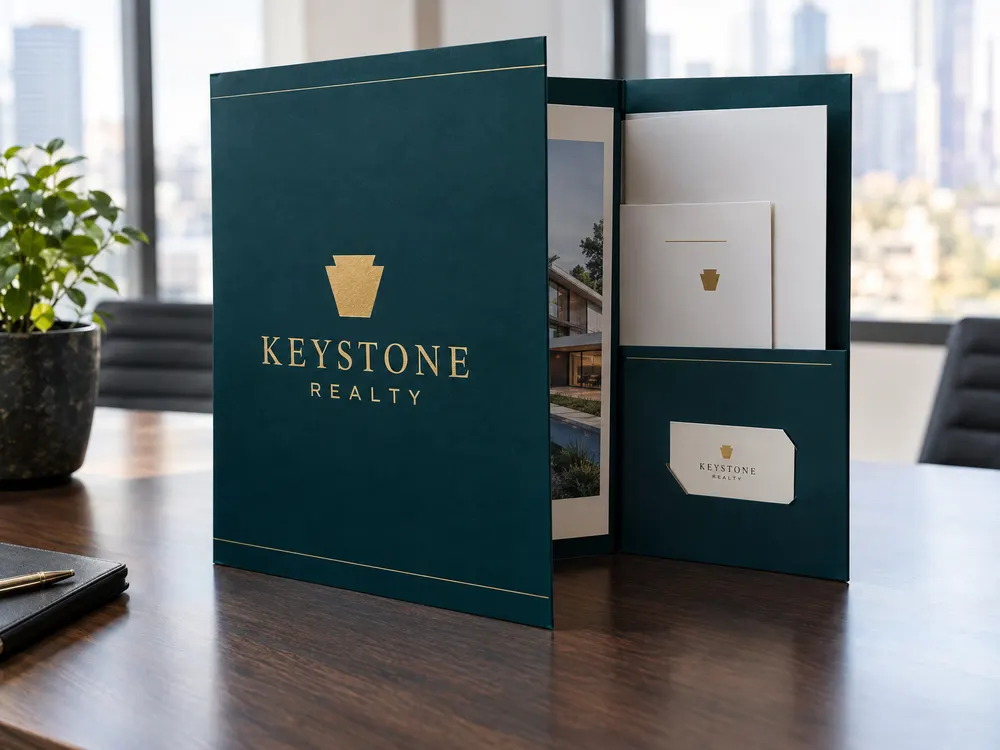 A teal and gold real estate presentation folder open to show papers and a card