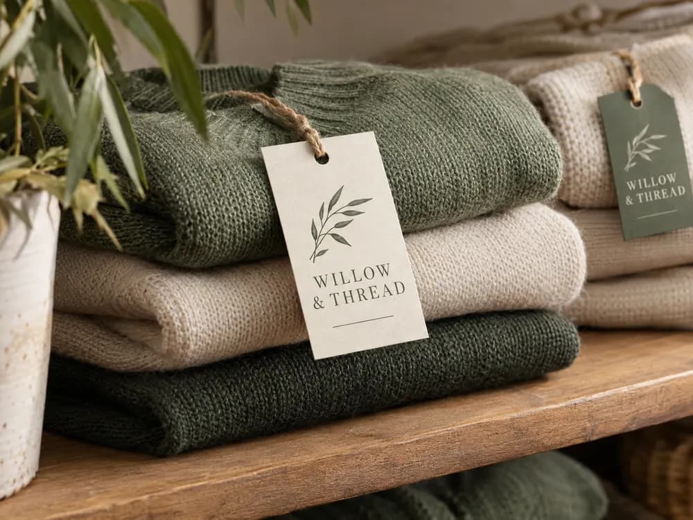 Sage and cream boutique hang tags tied with twine on folded sweaters