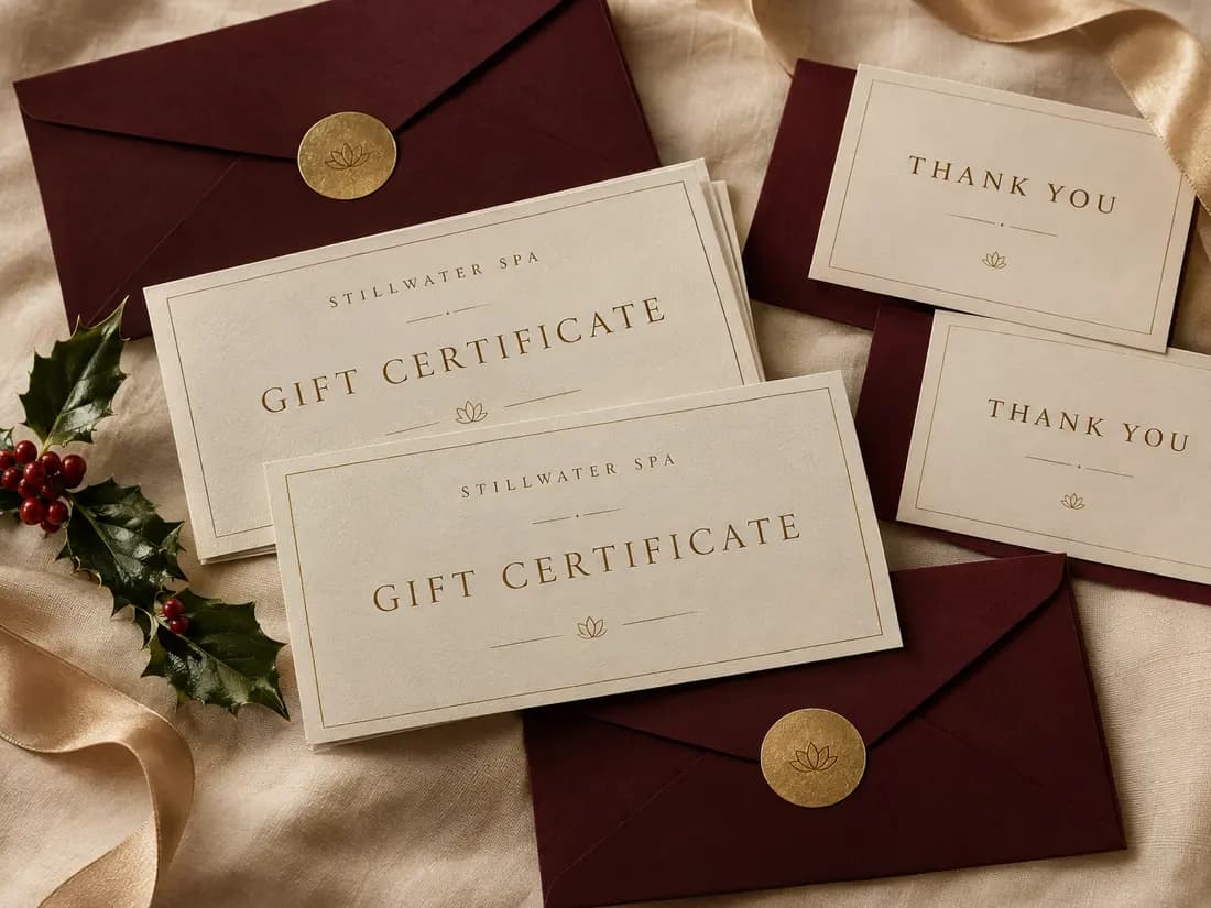 Cream gift certificates with burgundy envelopes, gold seals and thank-you cards