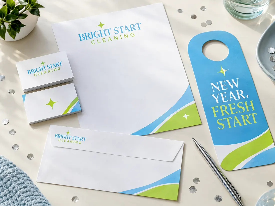 A cleaning company's new business cards, letterhead, envelope and door hanger