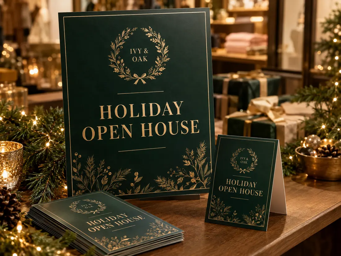 A green and gold holiday open house poster, flyers and table tent in a boutique