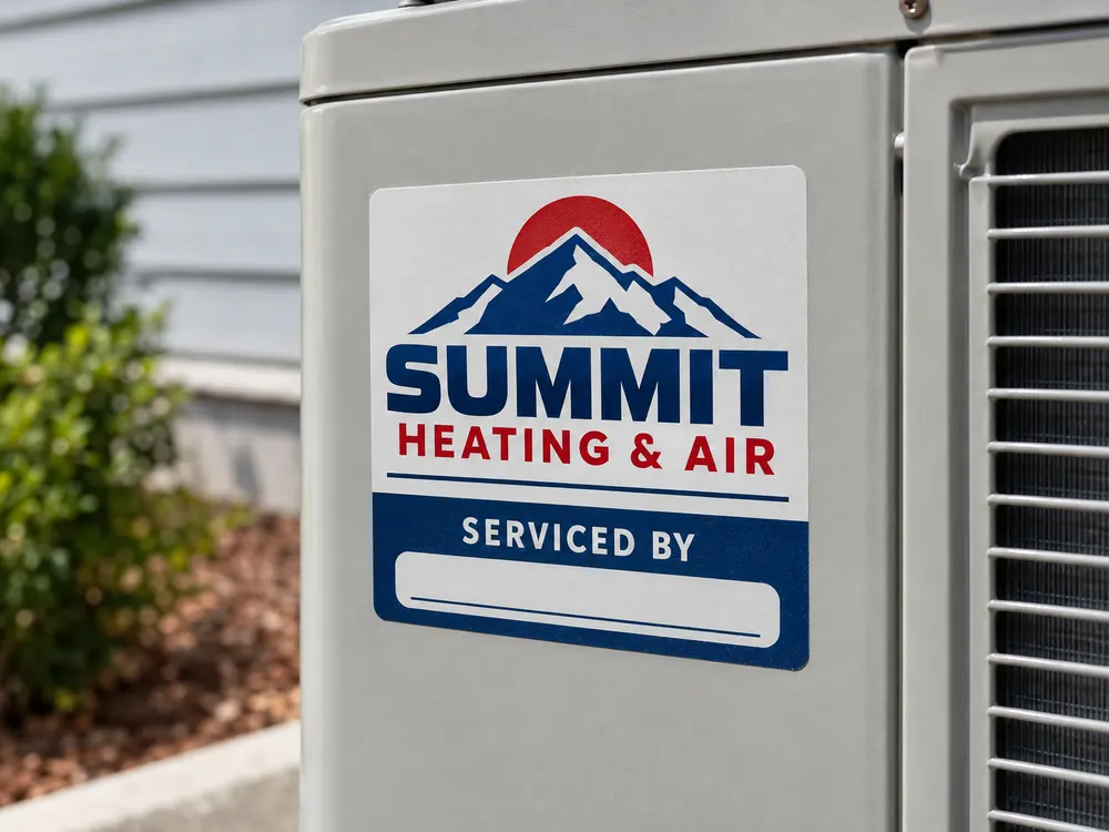 A Serviced By sticker for a heating and air company on an outdoor AC unit