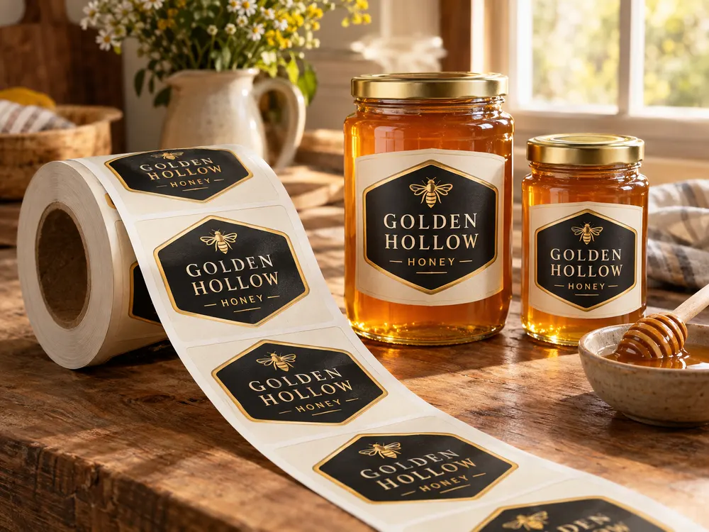 A roll of hexagon honey labels next to honey jars wearing the same labels