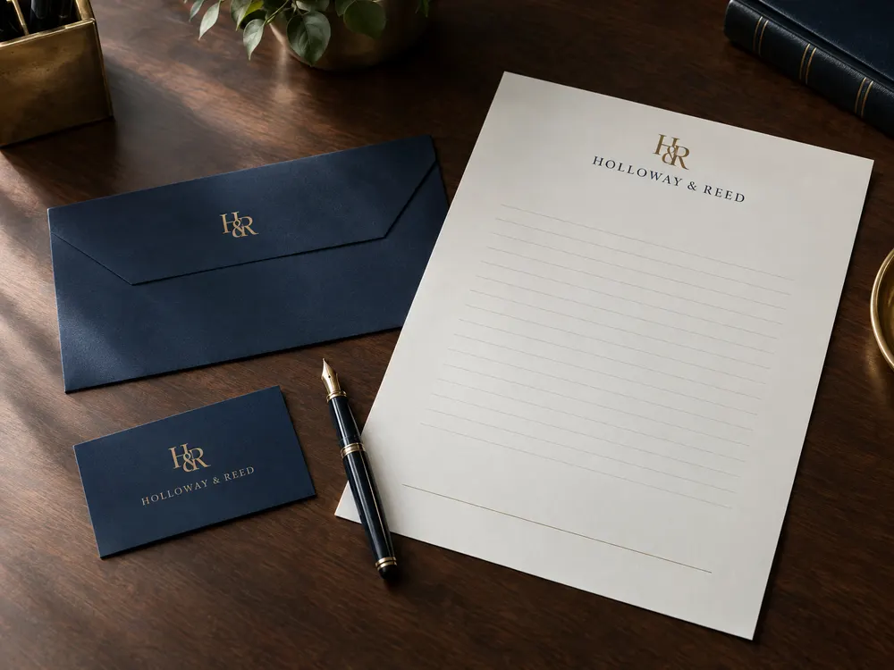 Navy and brass letterhead, envelope and business card for a law office on a walnut desk
