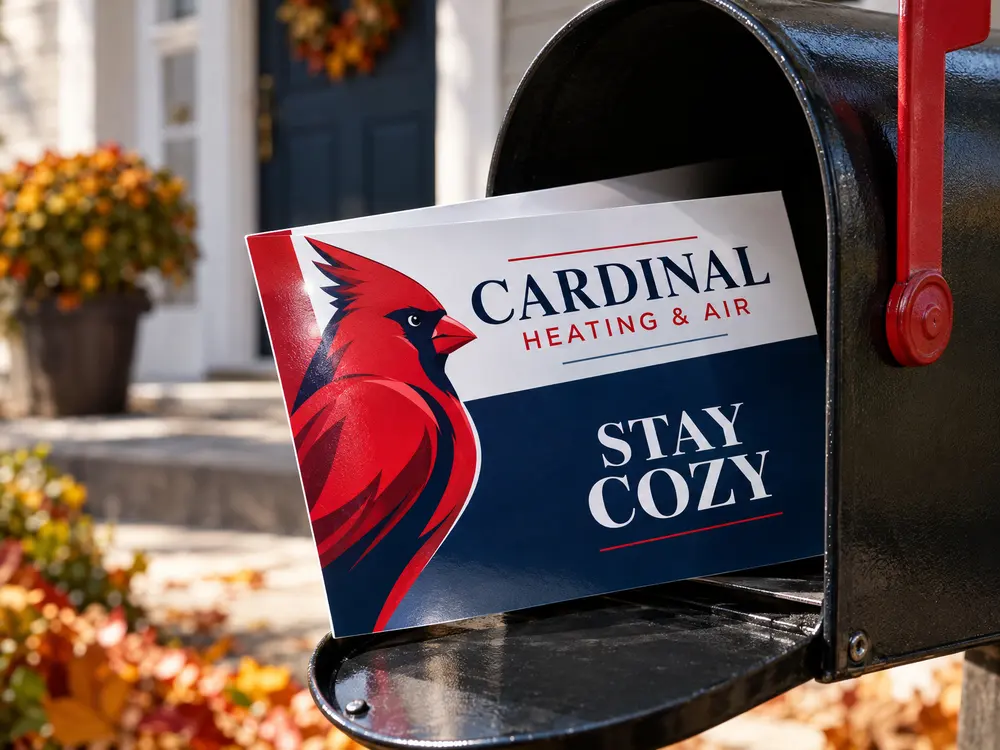 A heating and air postcard sticking out of a mailbox