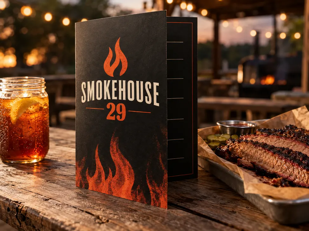 A barbecue restaurant menu on a picnic table next to brisket