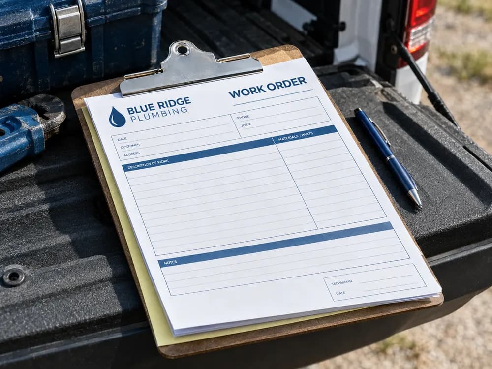 A blue plumbing company work order book with a yellow carbon copy on a clipboard
