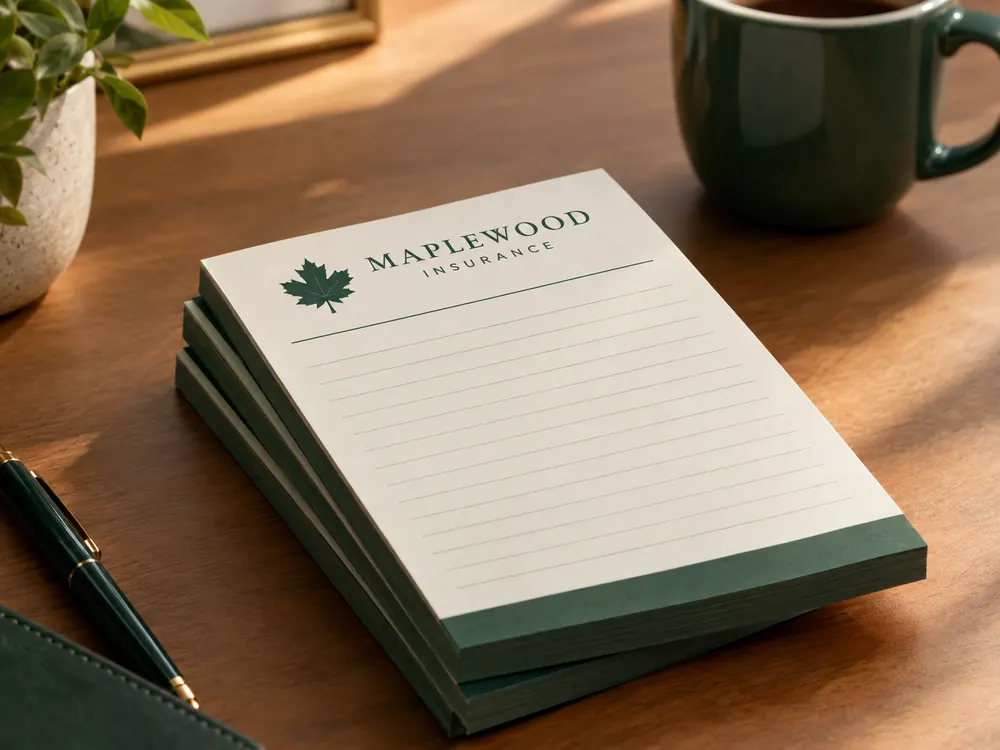 Green and cream insurance agency notepads stacked on an office desk