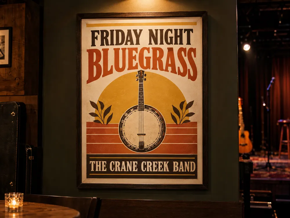 A framed Friday Night Bluegrass concert poster with a banjo in a music venue