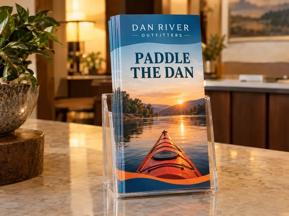 River outfitter rack cards with a kayak at sunrise in a clear lobby stand