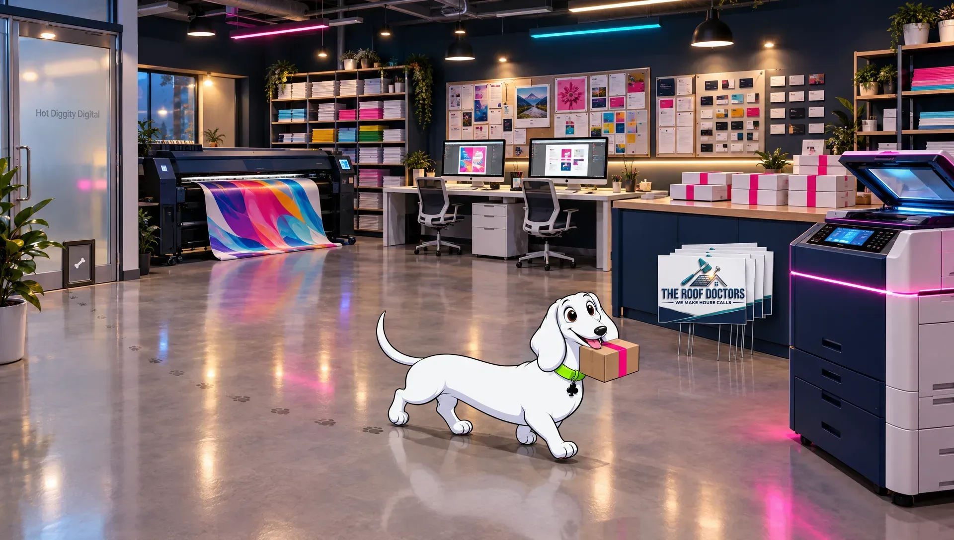 Inside the Hot Diggity Digital print department at night: a wide-format printer, paper shelves, design desks, a wall of sample cards, boxed orders and a stack of yard signs. Byte, a white cartoon dachshund, carries an order box toward the copier, his paw prints trailing back to a doggie door in the glass door marked Hot Diggity Digital.