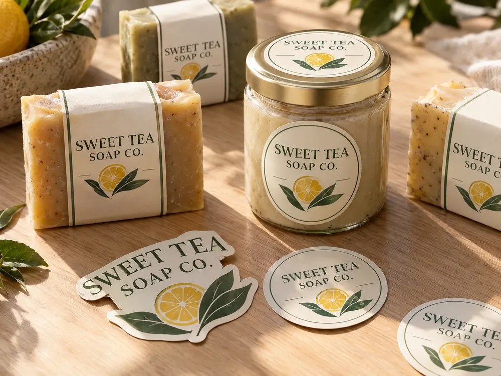 Soap labels and die-cut stickers on handmade soap and a jar