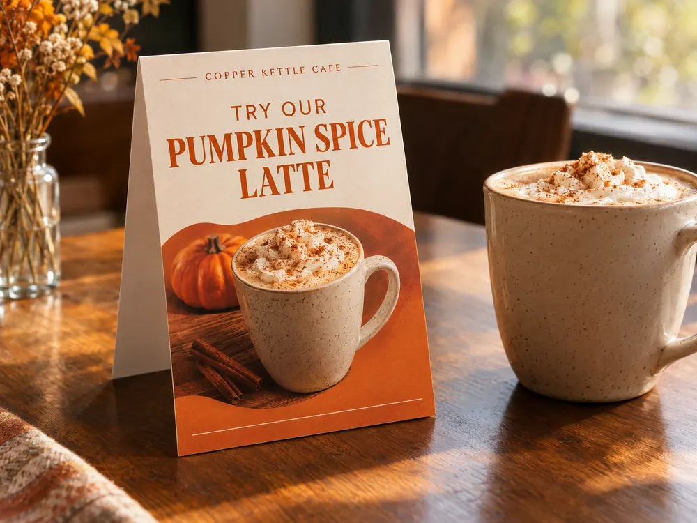 A pumpkin spice latte table tent next to the real latte on a cafe table