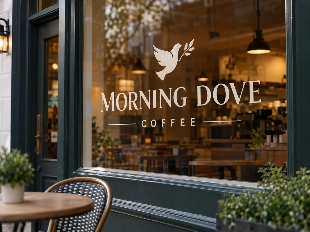 Coffee shop name and dove logo printed on the front window glass