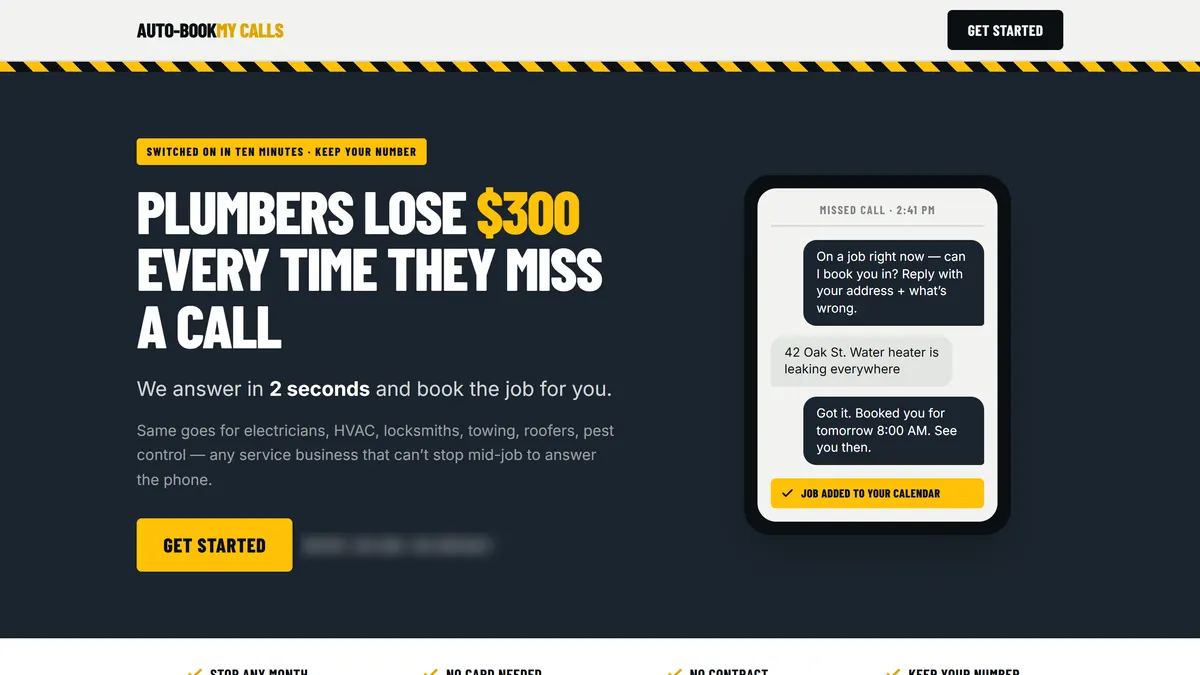 The Auto-Book My Calls homepage, with a phone showing a missed call turned into a booked job
