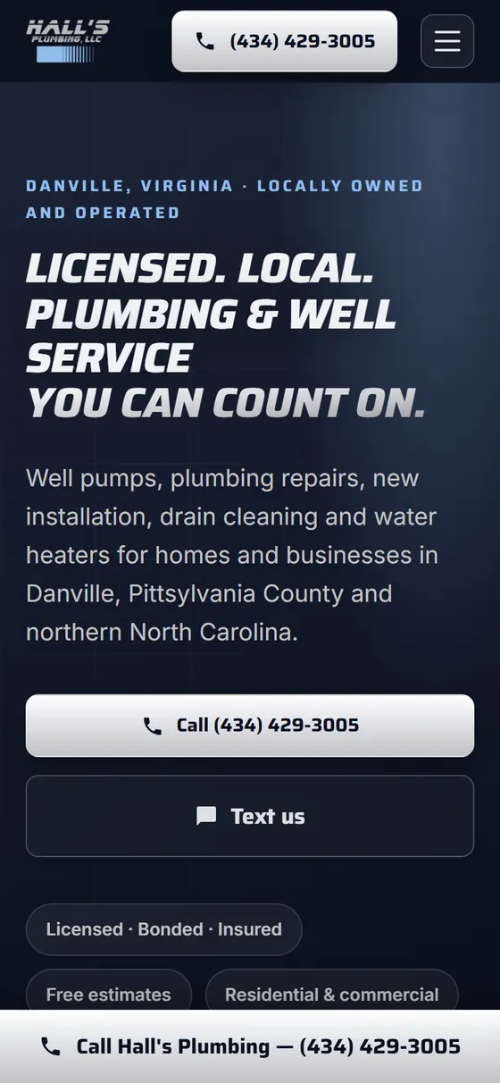 The Hall's Plumbing site on a phone, with a tap-to-call bar at the bottom