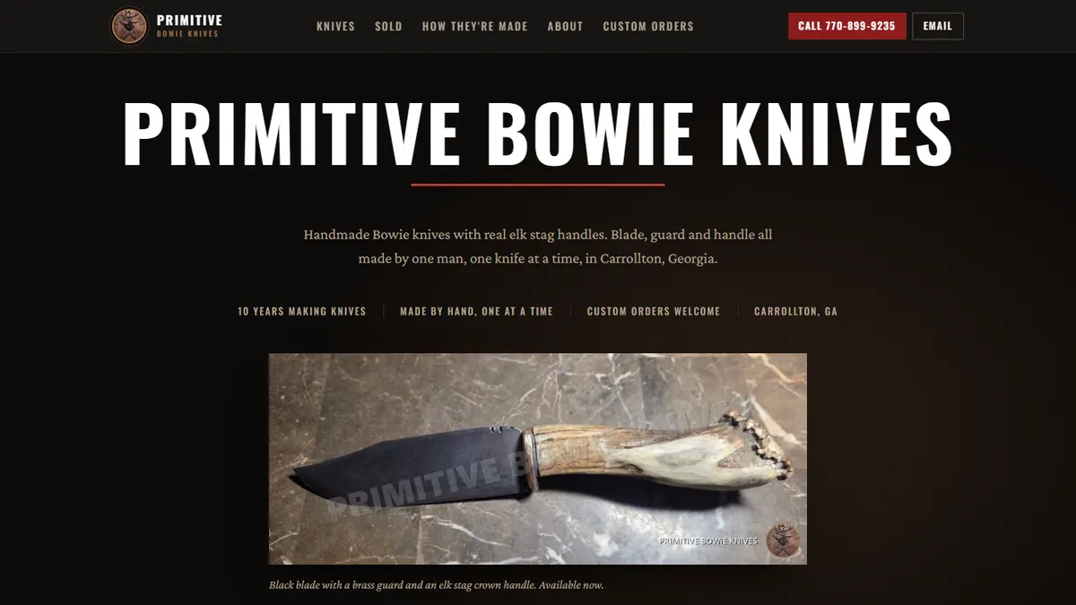 The Primitive Bowie Knives homepage on a laptop, showing a knife with an elk stag handle