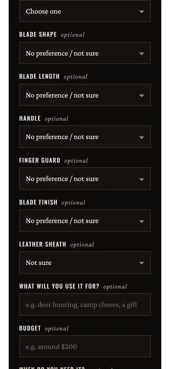 The custom knife builder form on a phone, with choices for blade shape, length, handle and more