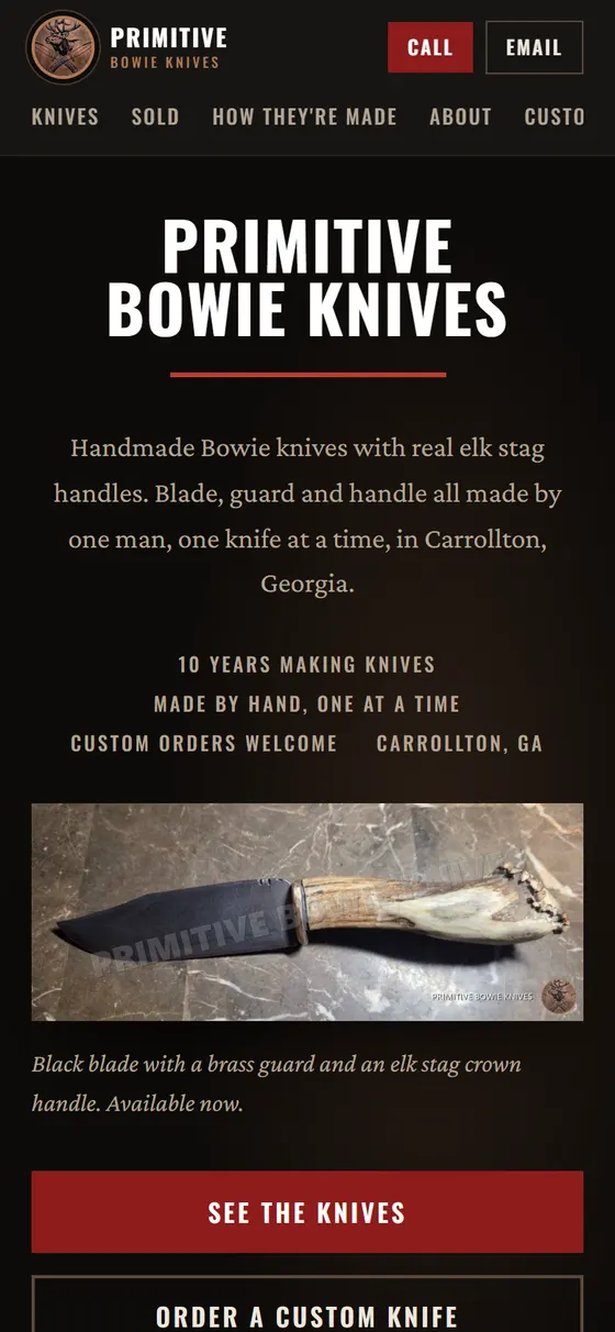 The Primitive Bowie Knives site on a phone