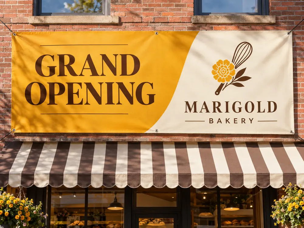A grand opening banner on the brick front of a bakery