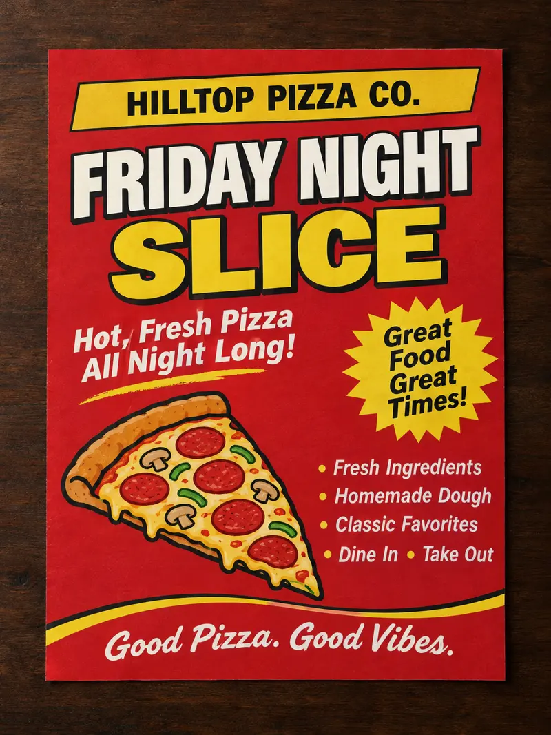 A crowded red template pizza flyer with clip art