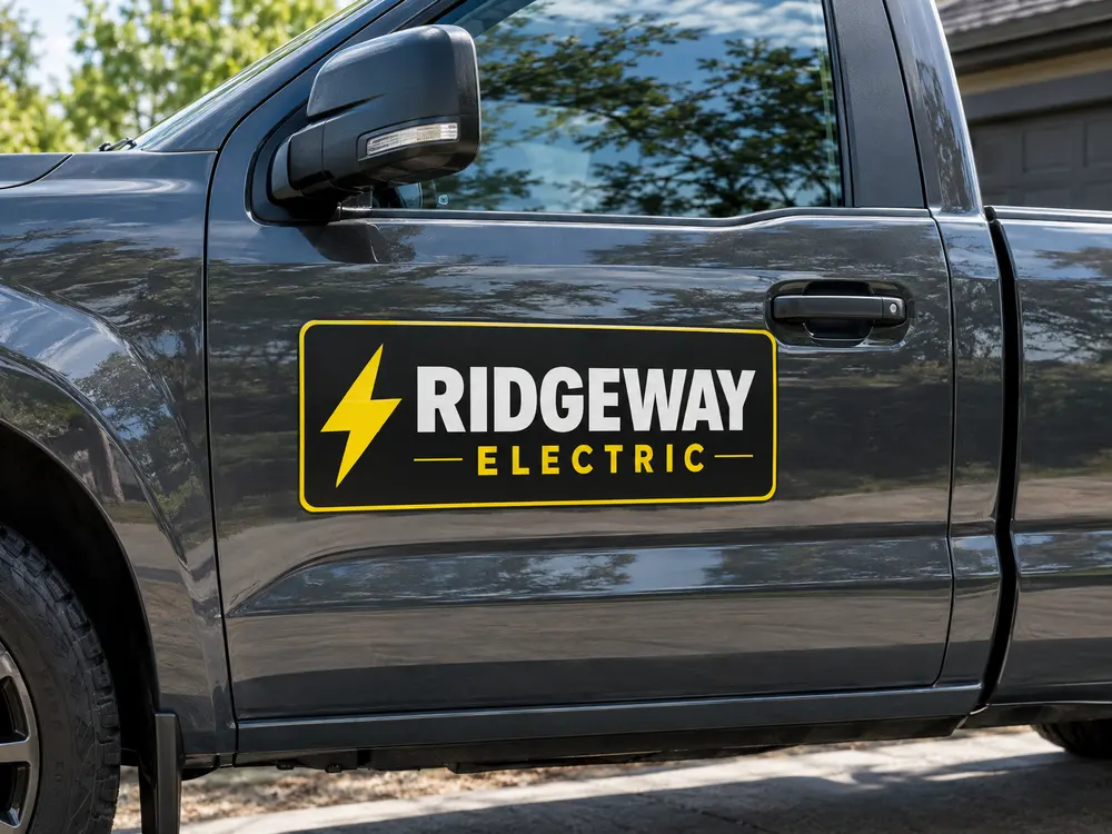 An electrician's magnetic sign on a gray work truck door