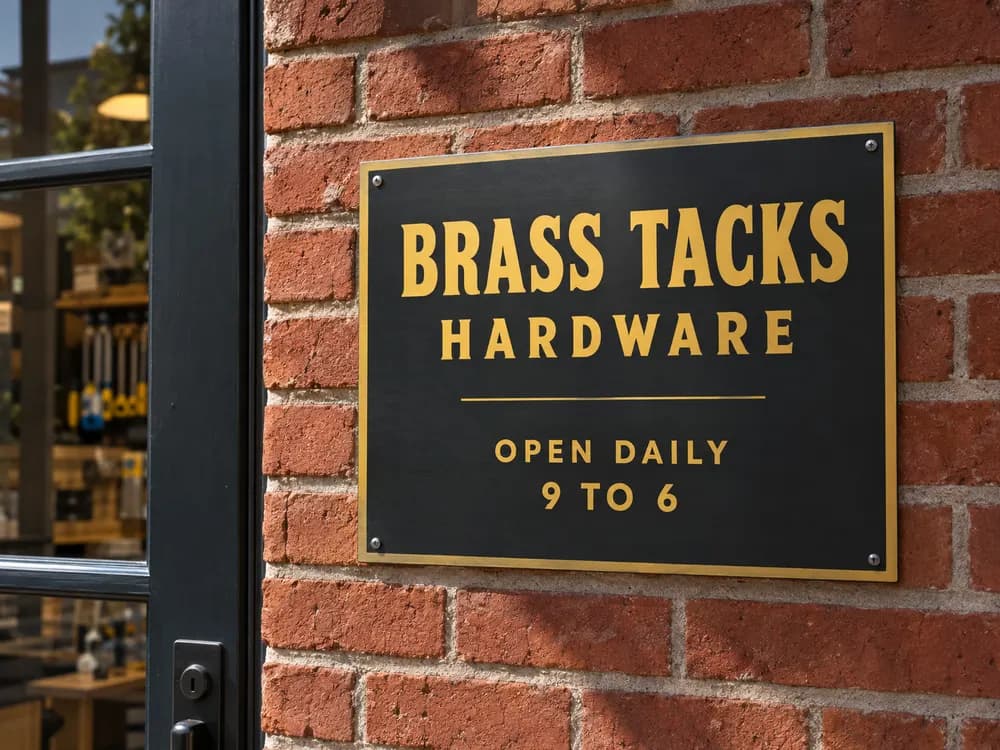 A black and gold hardware store hours sign mounted on a brick wall