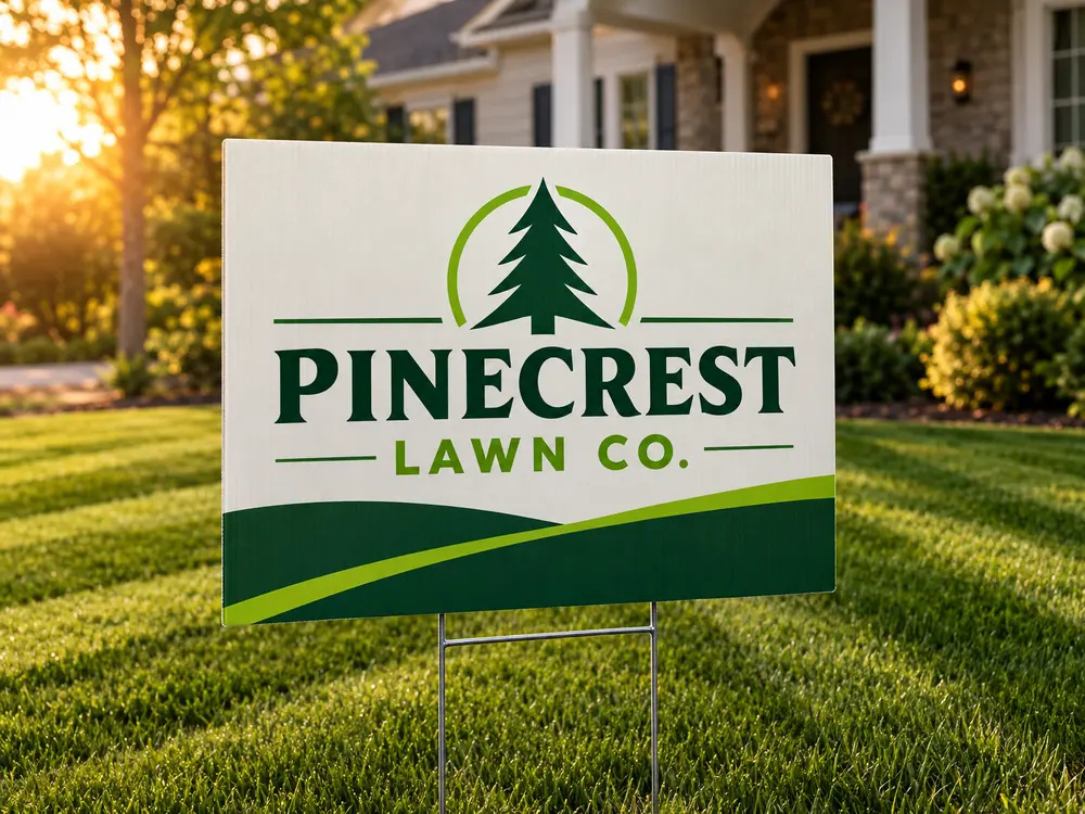 A lawn care yard sign in a striped green lawn